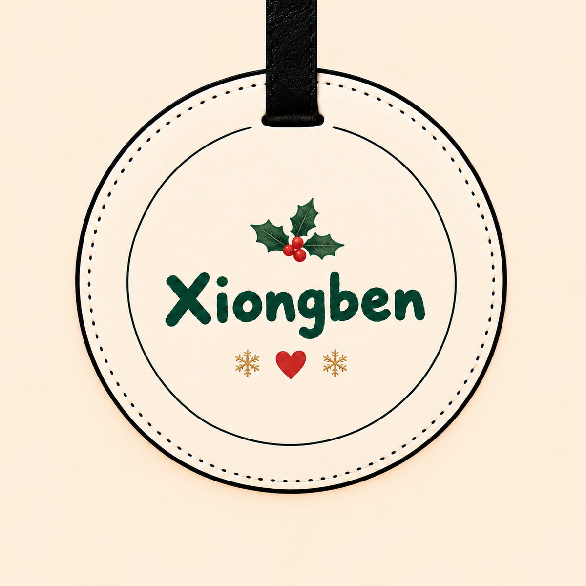 Back of the green Christmas pet luggage tag with Xiongben’s name and holly