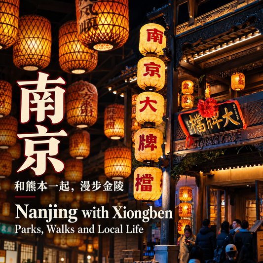 Dog-friendly Nanjing travel guide with Xiongben and glowing Nanjing lanterns