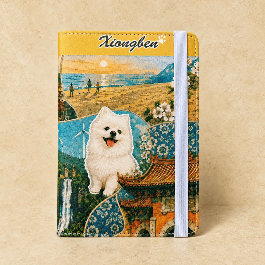 Personalized pet travel wallet with a white Pomeranian collage cover and elastic closure