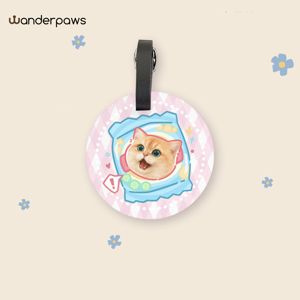 Pink round personalized pet photo luggage tag with a potato chip package design featuring an orange tabby cat
