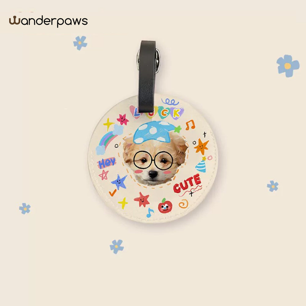 White round personalized pet photo luggage tag with a colorful doodle design and a small dog portrait
