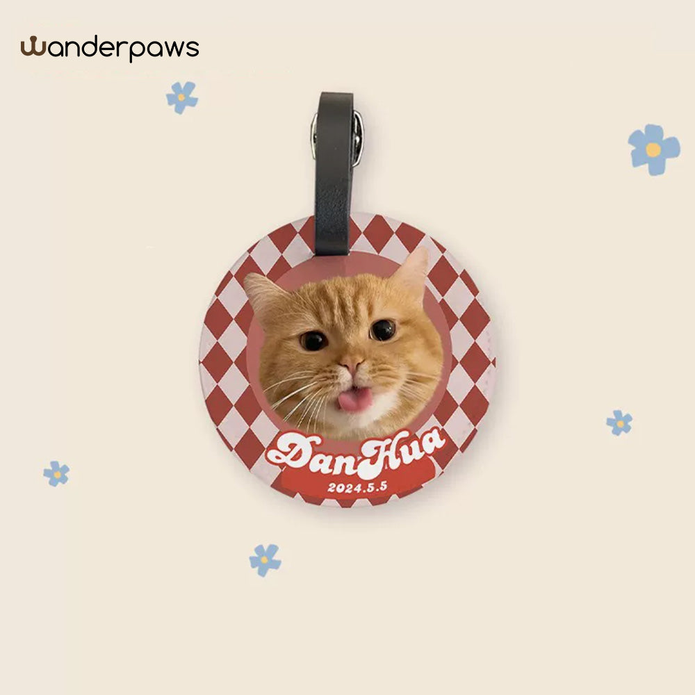 Red plaid round personalized pet photo luggage tag featuring an orange tabby cat portrait and custom date
