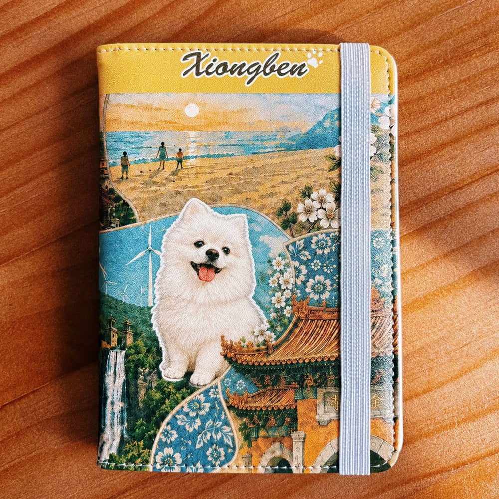 Personalized pet travel wallet with a Pomeranian collage cover resting on a wooden table