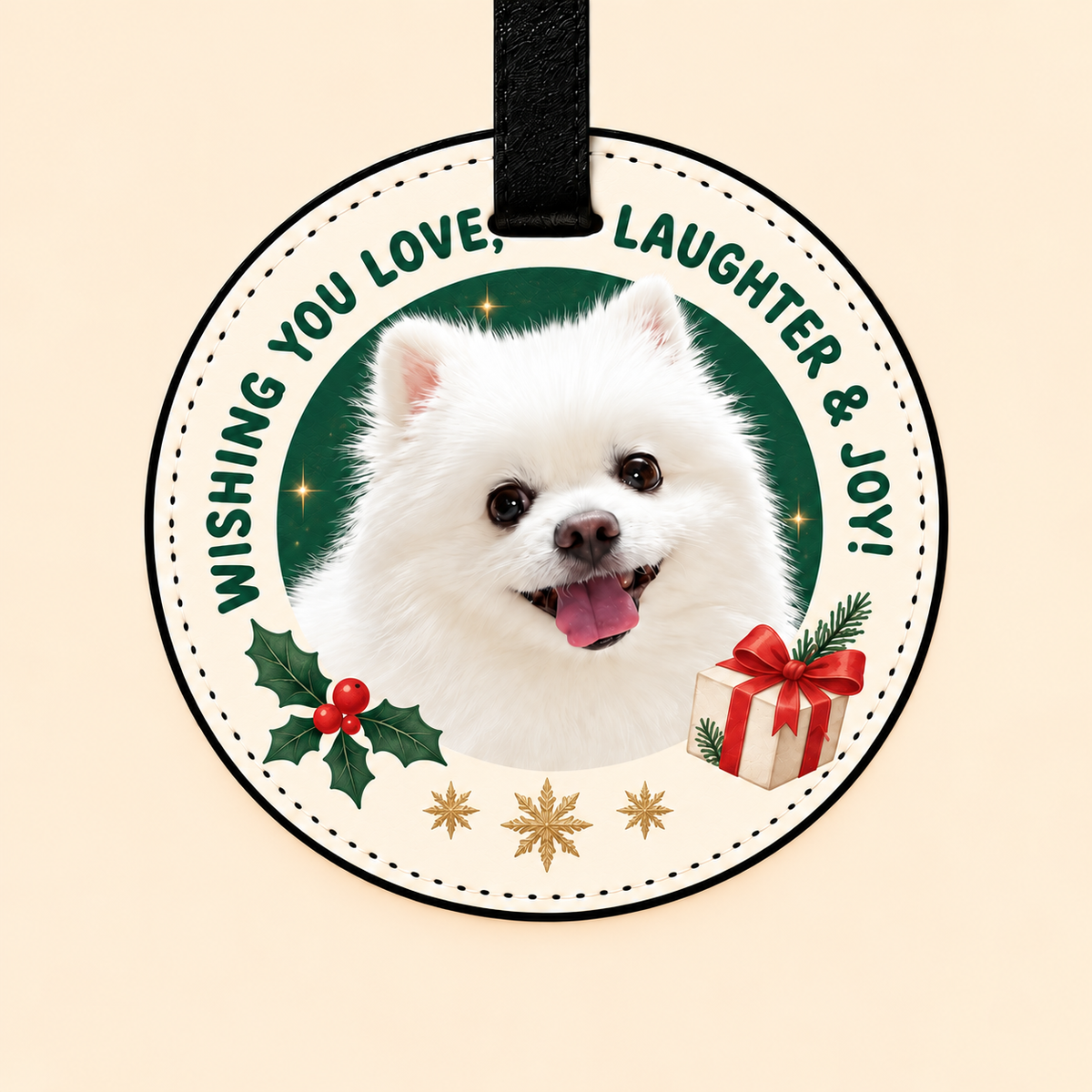 Limited edition Christmas pet luggage tag with Xiongben’s photo, a green background, holly, and a wrapped gift