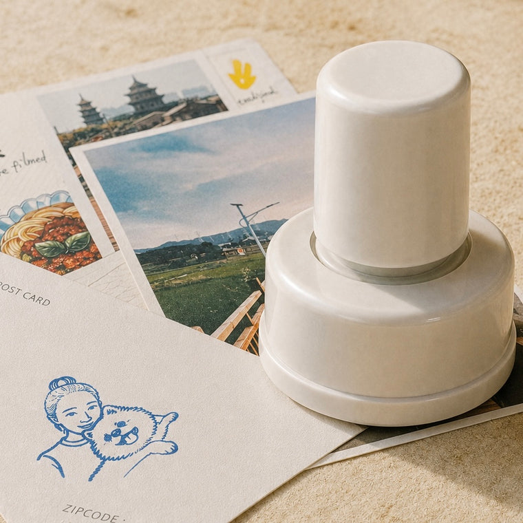 White personalized pet portrait stamp beside travel postcards with a blue stamped illustration