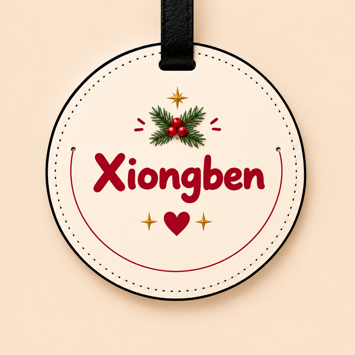 Back of the red Christmas pet luggage tag with Xiongben’s name and festive greenery