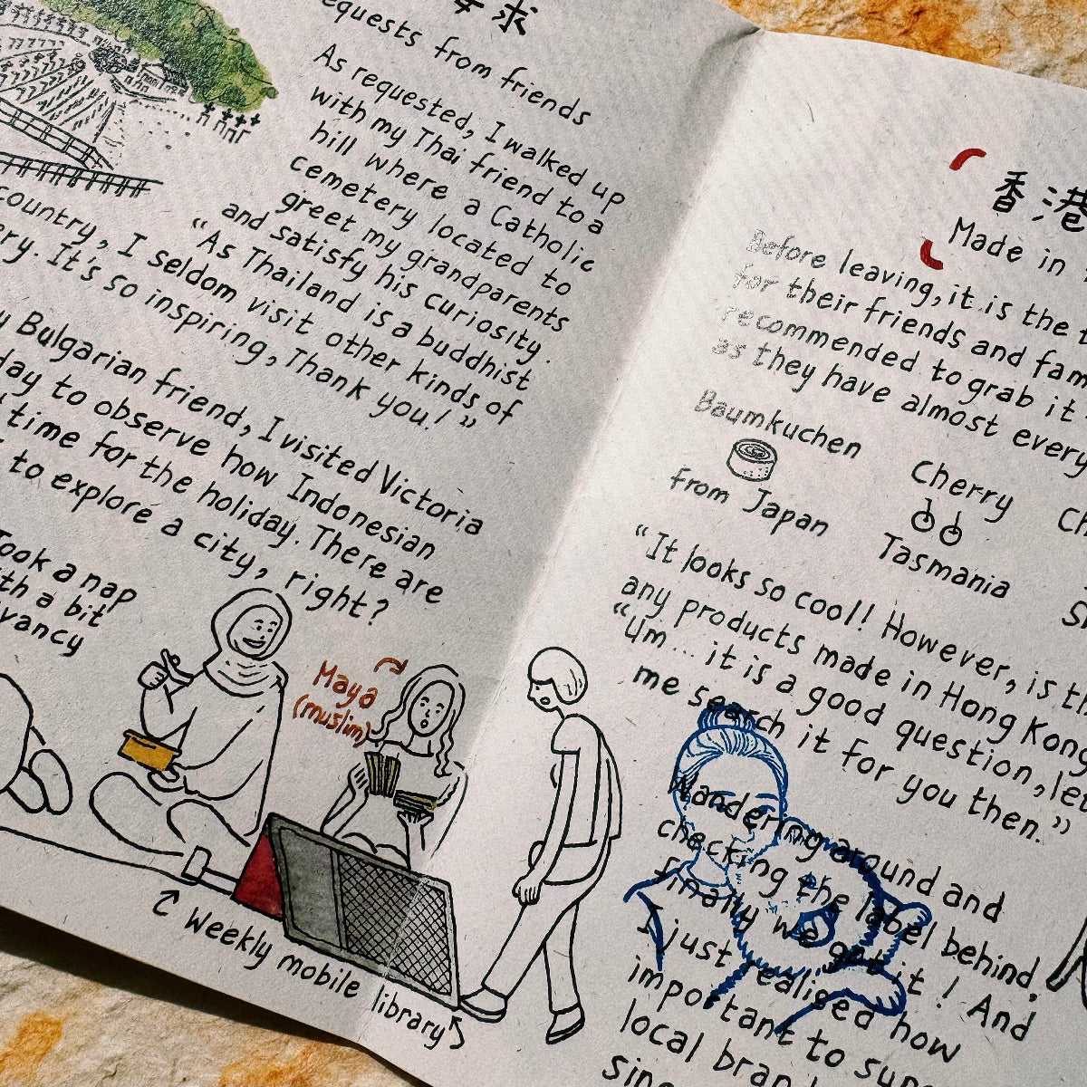 Blue personalized pet portrait stamp impression inside a handwritten travel journal