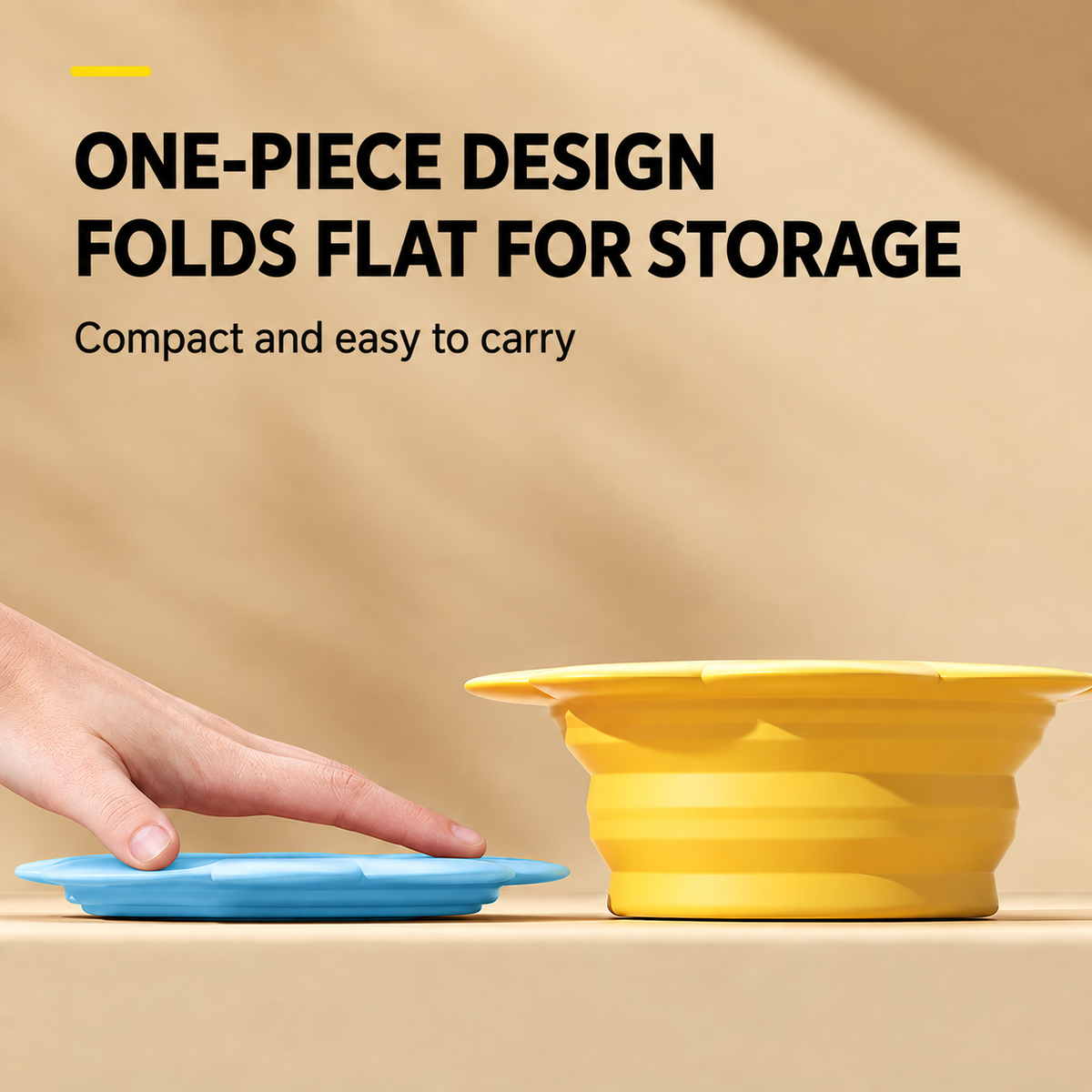 Yellow collapsible pet bowl shown folded flat and fully expanded for compact storage