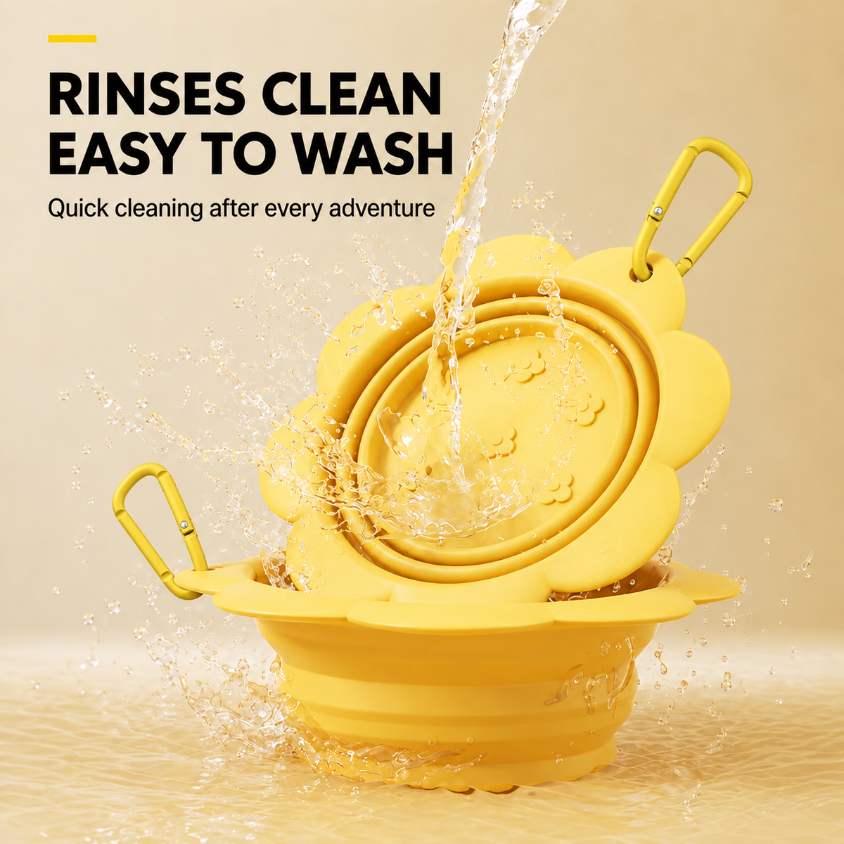 Yellow collapsible pet bowl being rinsed clean with water