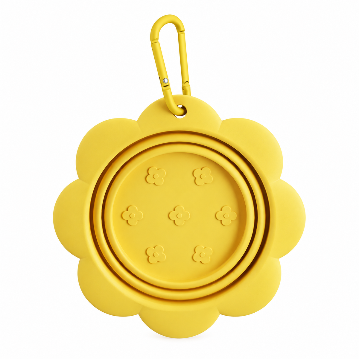 Folded yellow flower-shaped pet travel bowl with a matte yellow hook on a white background