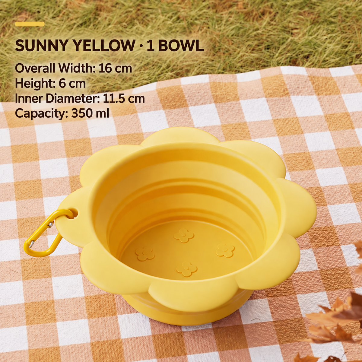 Sunny yellow collapsible pet travel bowl with 350 ml capacity and size measurements