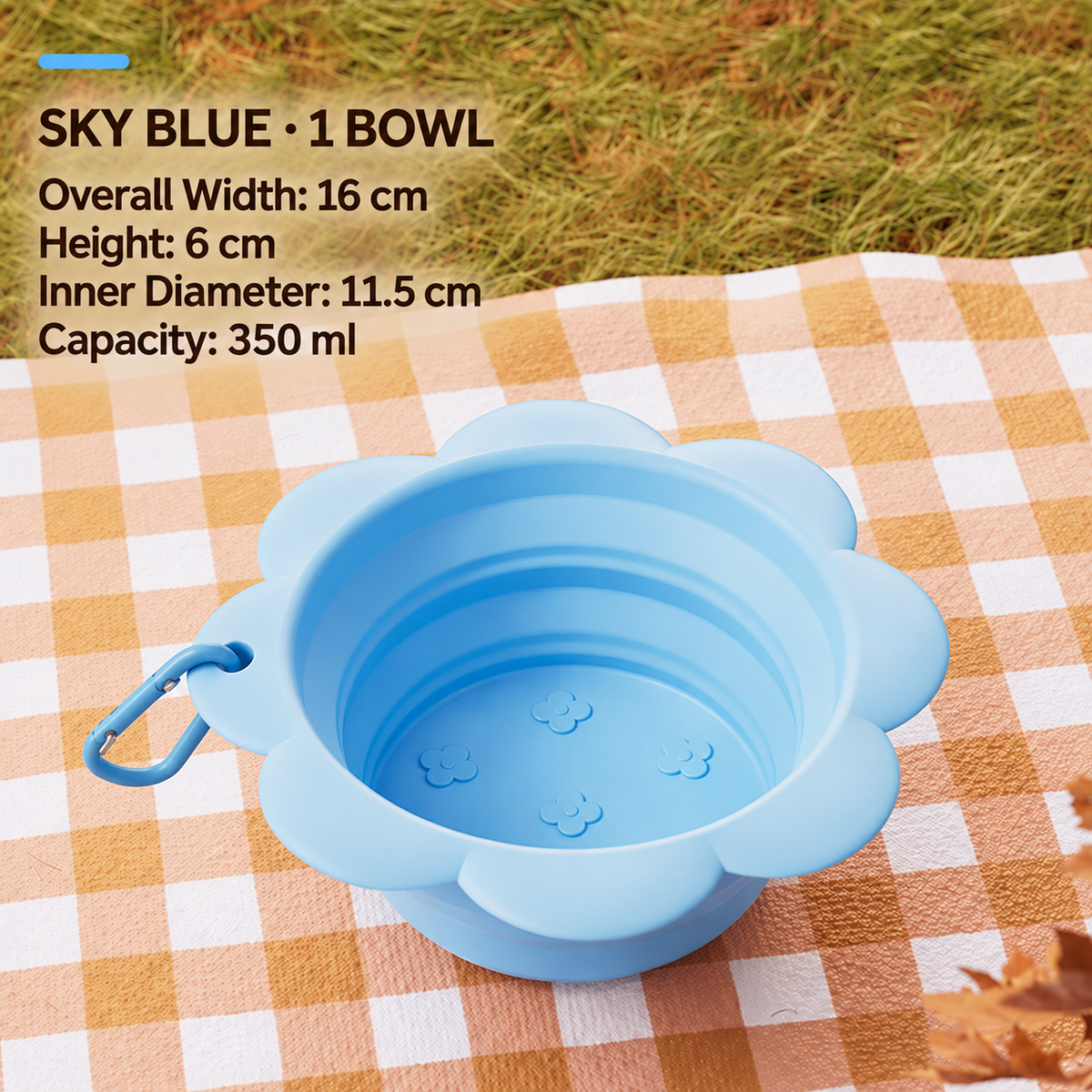 Sky blue collapsible pet travel bowl with 350 ml capacity and size measurements