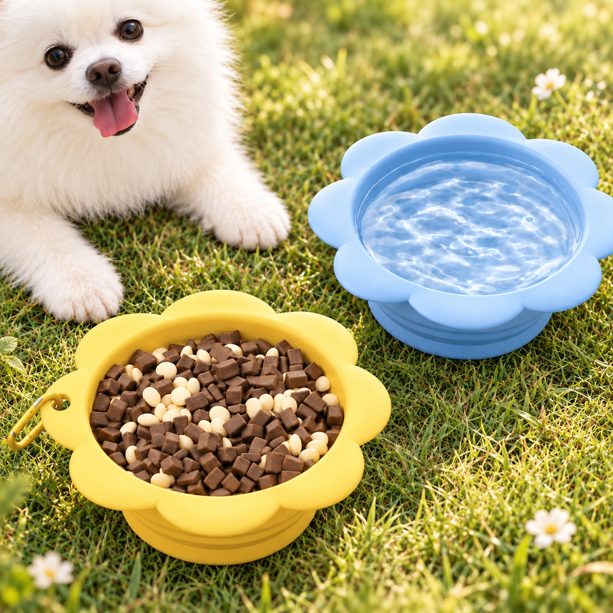 White Pomeranian beside yellow and blue collapsible pet bowls with food and water outdoors