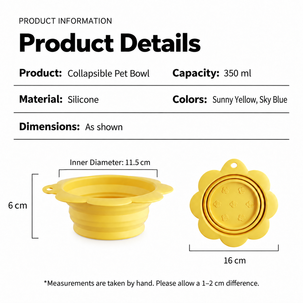 `Yellow collapsible silicone pet bowl product details showing 350 ml capacity, dimensions, and Sunny Yellow and Sky Blue color options`
