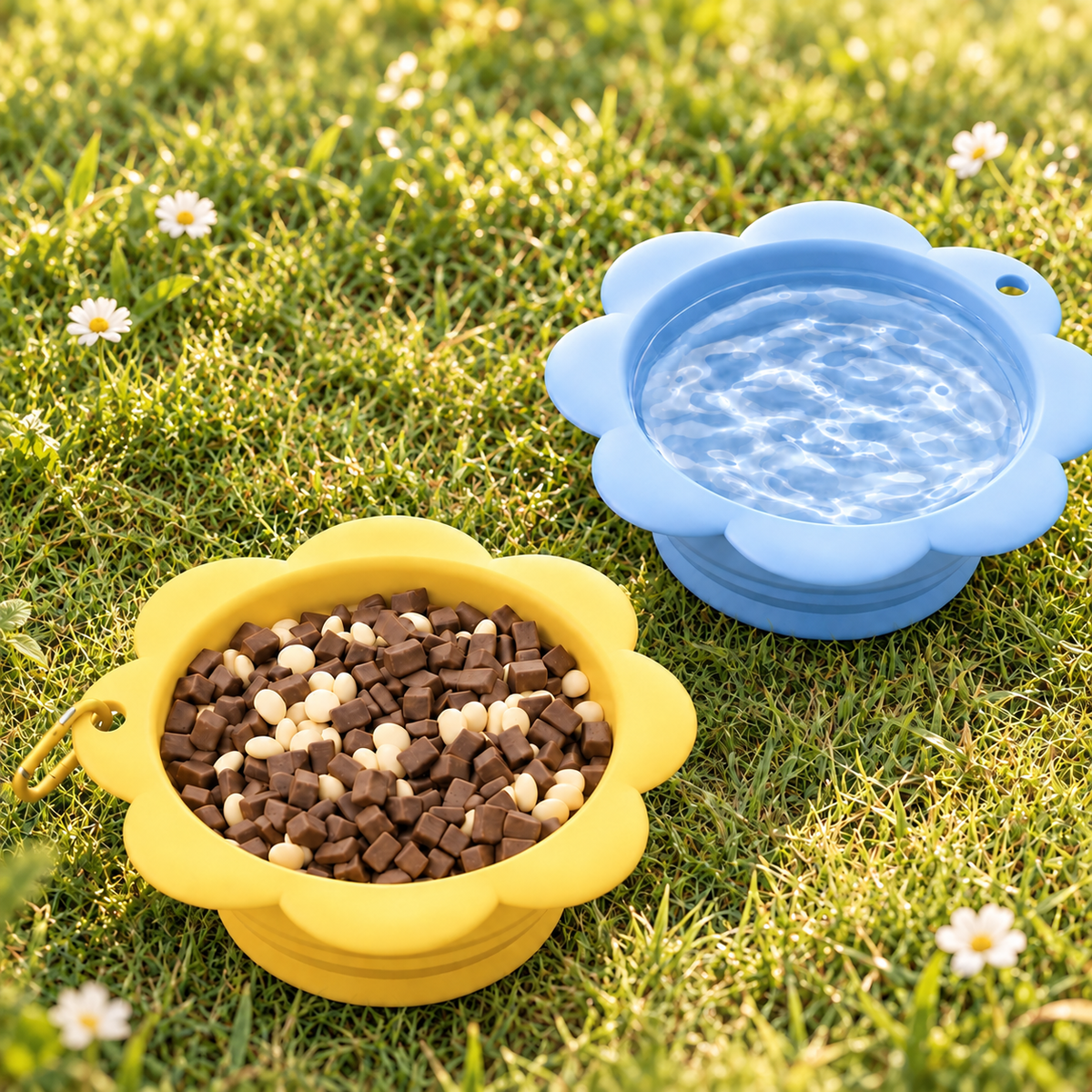 Yellow and sky blue collapsible flower-shaped pet travel bowls with food and water on a sunny grass background.
