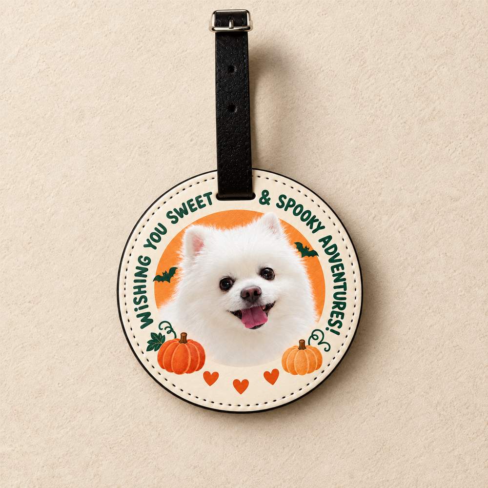 Limited edition Halloween pet luggage tag with Xiongben’s photo, orange pumpkins, and green lettering
