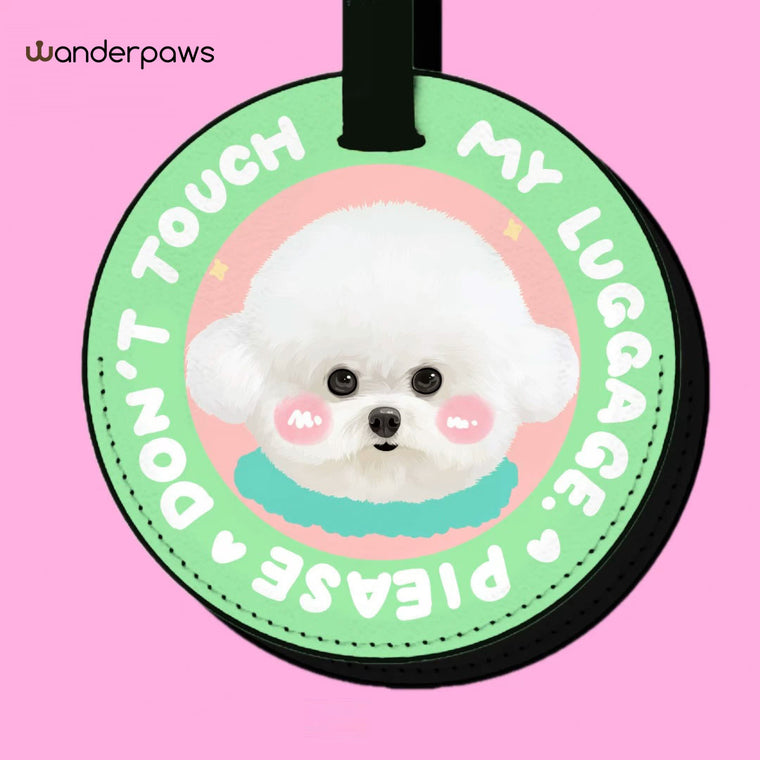 Aqua blue round custom pet photo luggage tag featuring a white dog portrait and pink center