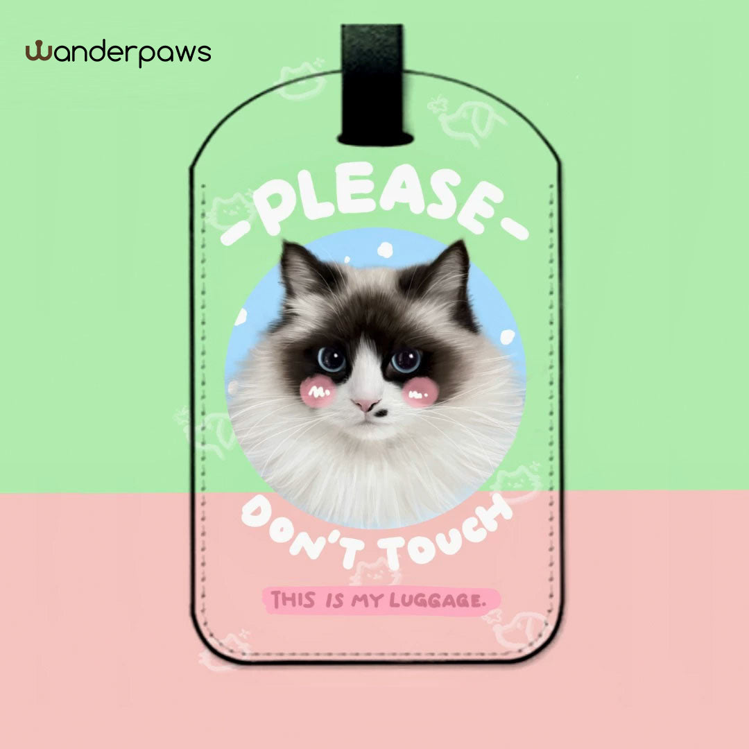 Mint green rectangle custom pet photo luggage tag featuring a fluffy cat portrait