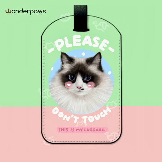 Mint green rectangle custom pet photo luggage tag featuring a fluffy cat portrait