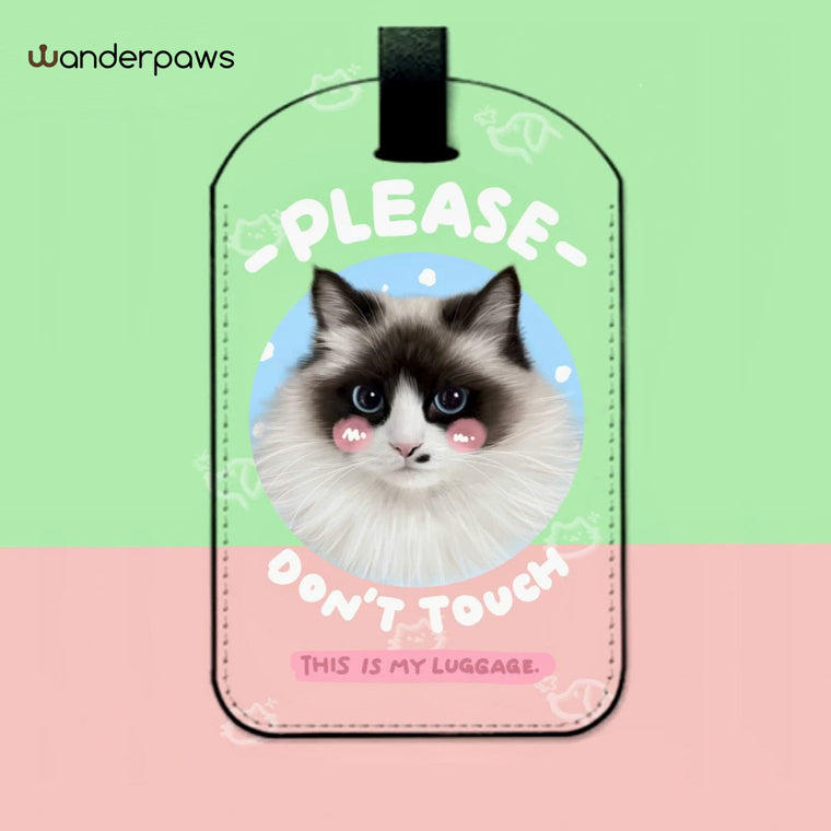 Mint green rectangle custom pet photo luggage tag featuring a fluffy cat portrait