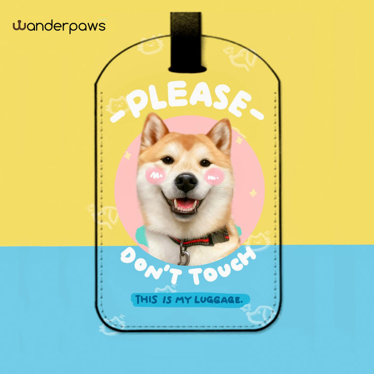 Mustard yellow rectangle custom pet photo luggage tag featuring a smiling Shiba Inu portrait