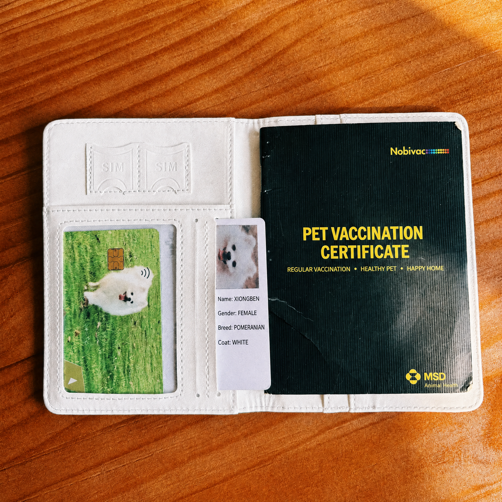 Open pet travel wallet organizing a vaccination certificate, pet ID card, and payment card