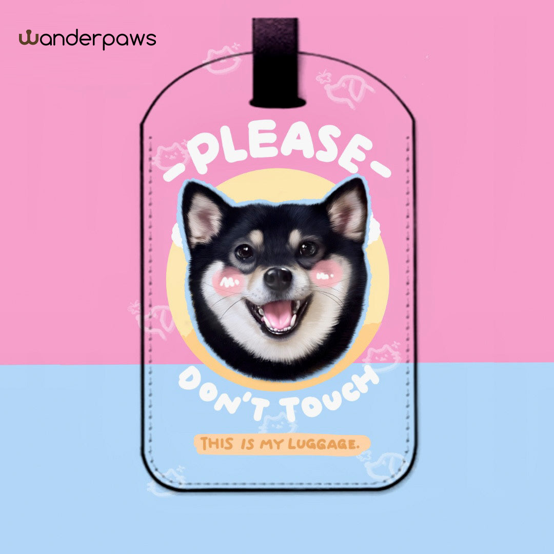 Pink and blue rectangle custom pet photo luggage tag featuring a black and tan dog portrait