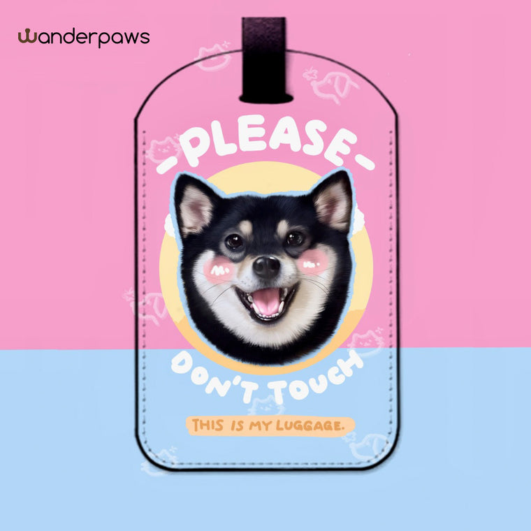 Pink and blue rectangle custom pet photo luggage tag featuring a black and tan dog portrait