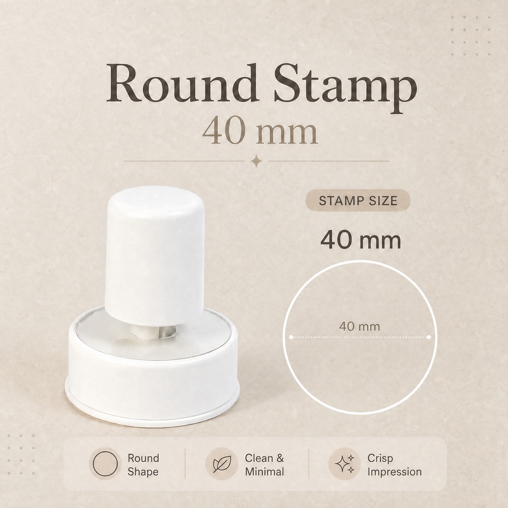 White 40 mm round personalized pet portrait stamp with size information