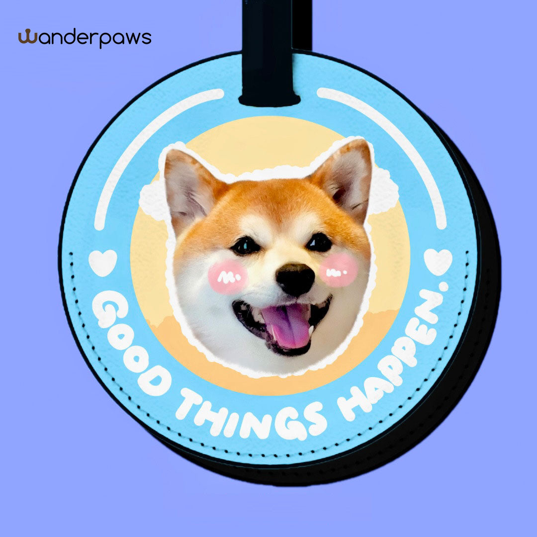 Seafoam green round custom pet photo luggage tag featuring a smiling Shiba Inu portrait