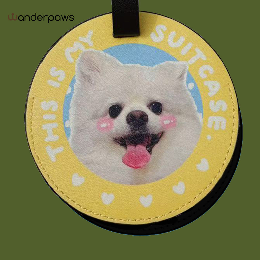 Sunshine yellow round custom pet photo luggage tag featuring a white dog portrait