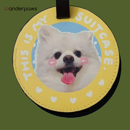 Sunshine yellow round custom pet photo luggage tag featuring a white dog portrait