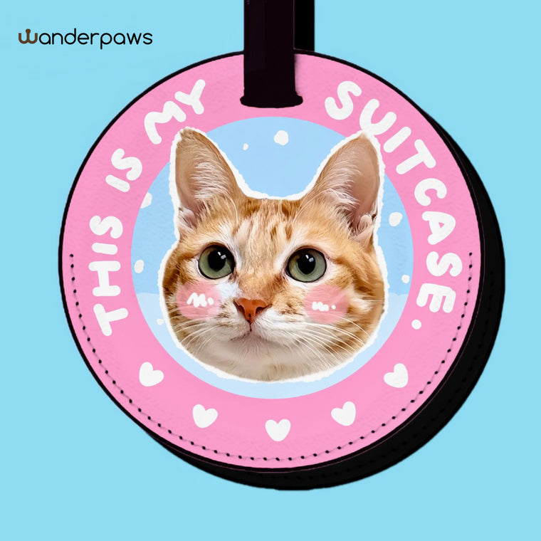Sweet pink round custom pet photo luggage tag featuring a cat portrait